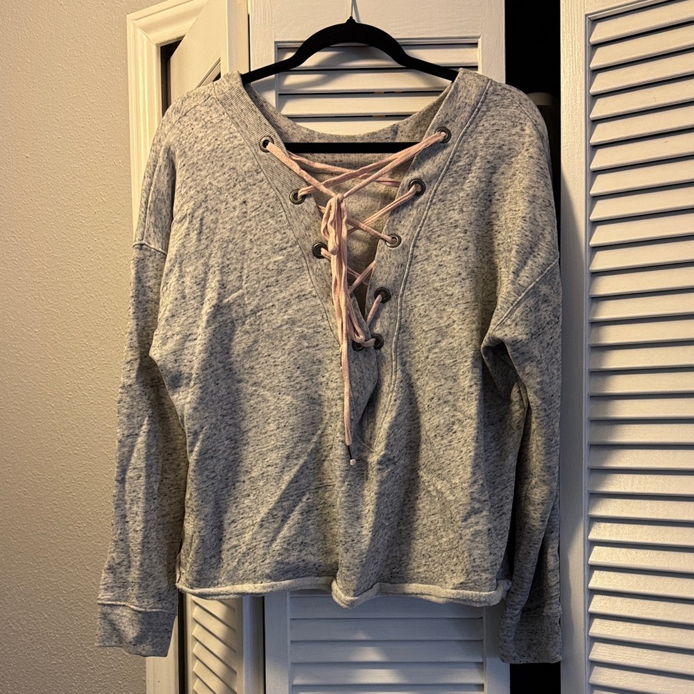 Abercrombie & Fitch Light Gray Lace-Up Sweatshirt with Pink Drawcords